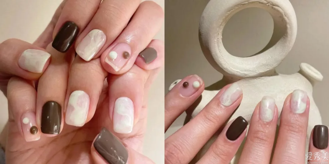 奶茶和咖啡組合的美甲，高級溫婉，指尖散發(fā)著雅致