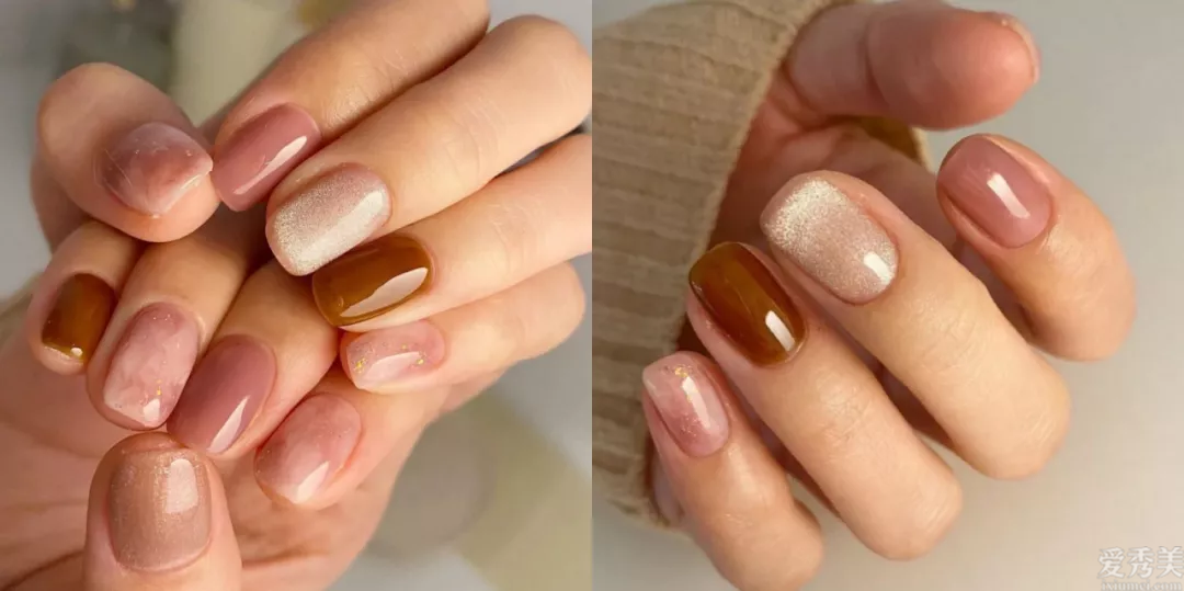 奶茶和咖啡組合的美甲，高級溫婉，指尖散發(fā)著雅致